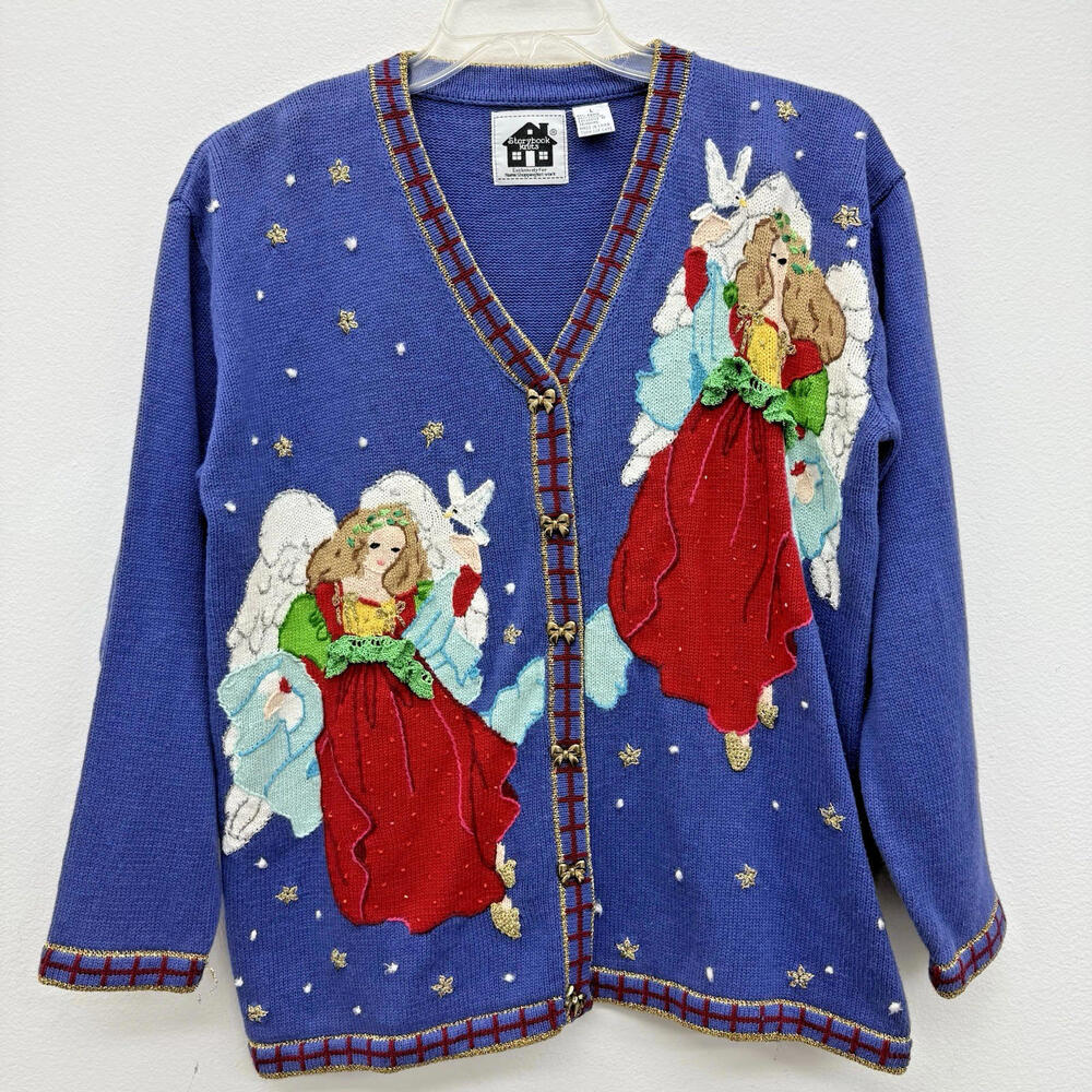 Storybook Knits Women's Large Angel Holiday Christmas Cardigan Knit Sweater